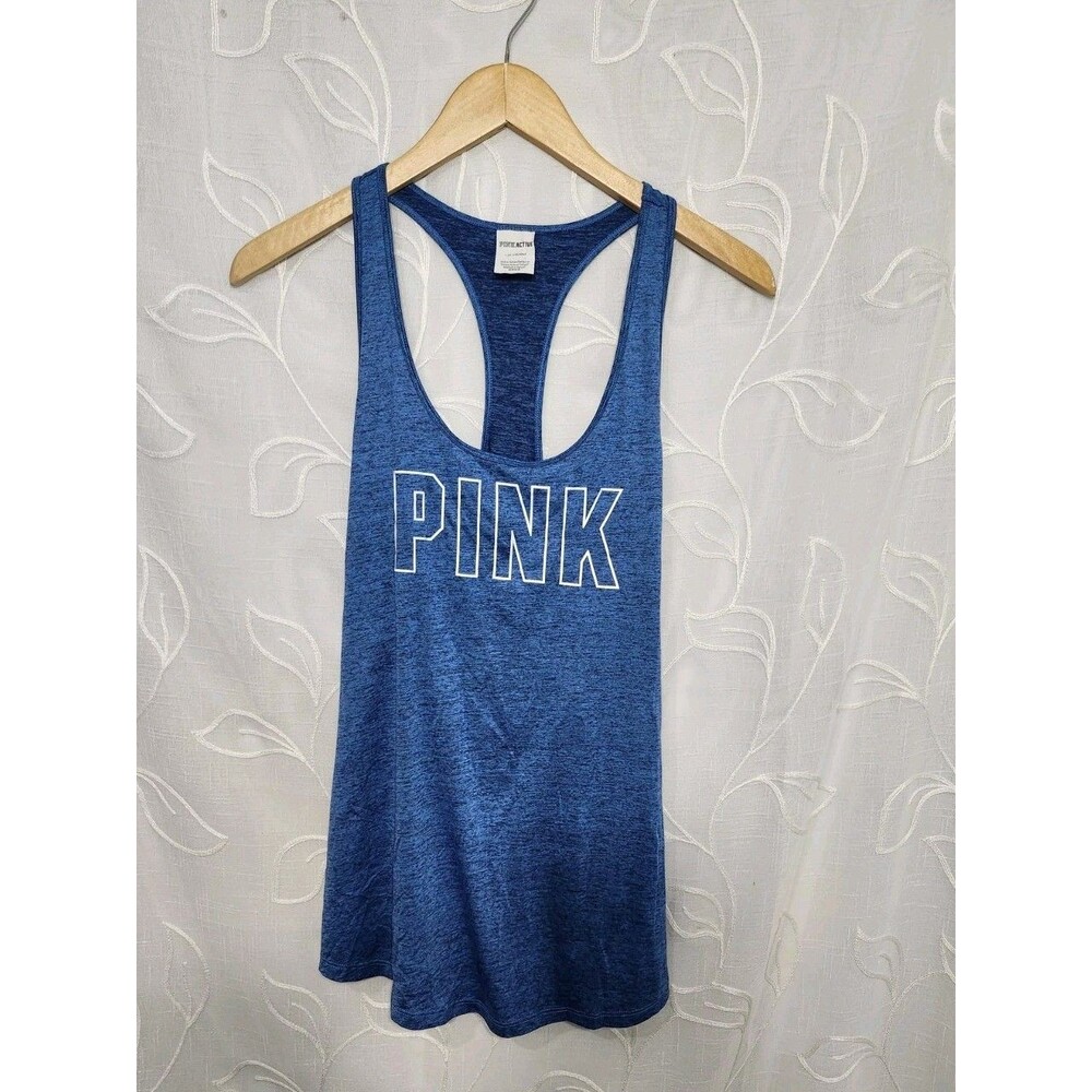 PINK Active Victoria's Secret Tank Top LARGE BLUE Spell Out Racerback